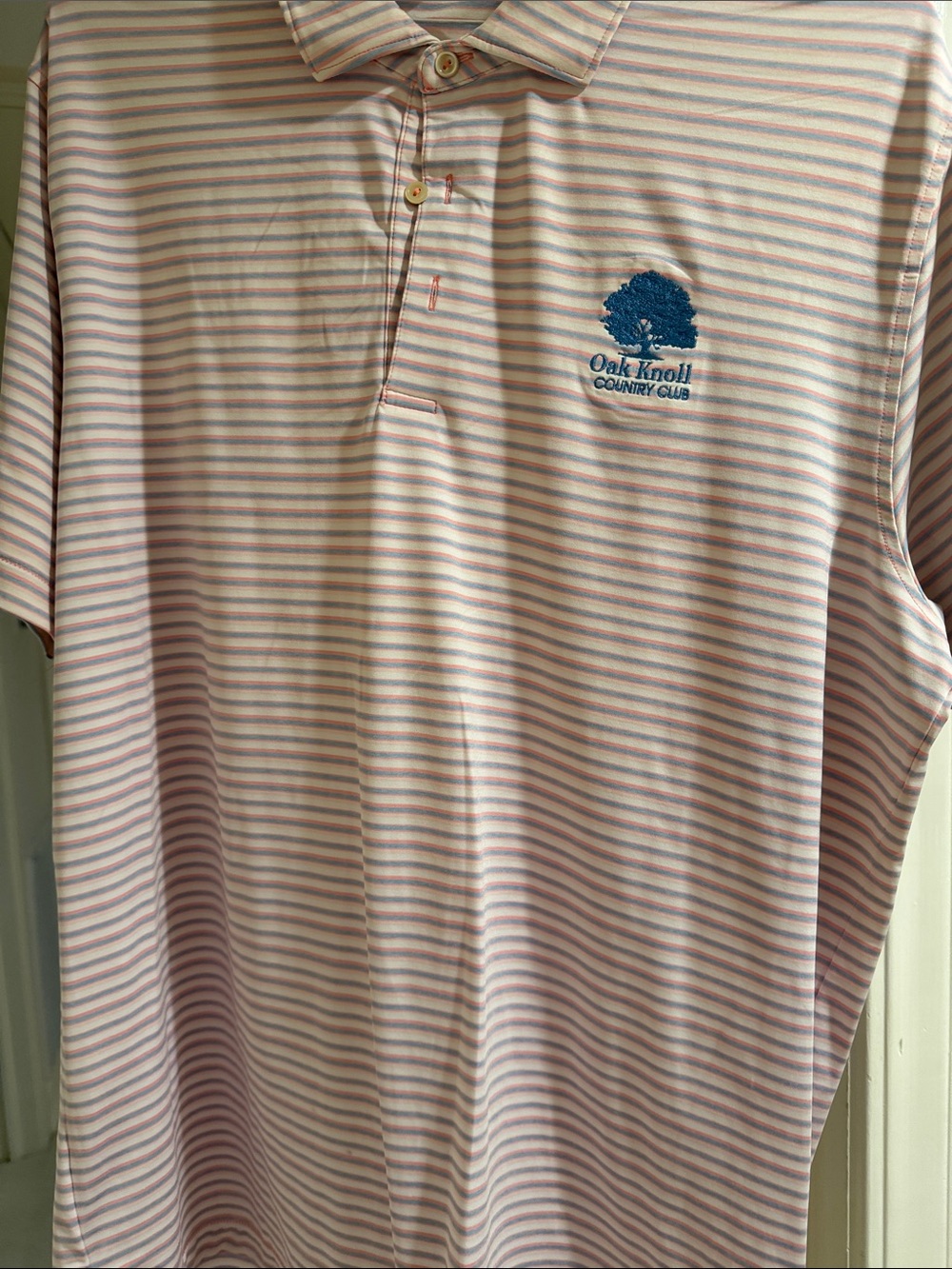 Peter Millar Pink and White Striped Golf Polo with Blue Logo